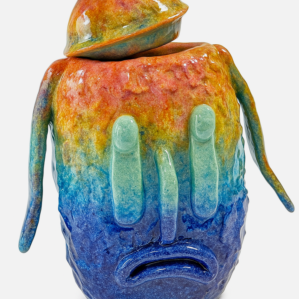 Colorful ceramic vase with a unique design on a white background
