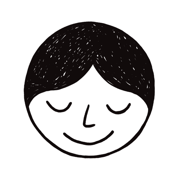 Black and white illustration of a face with closed eyes and a smile on a white background